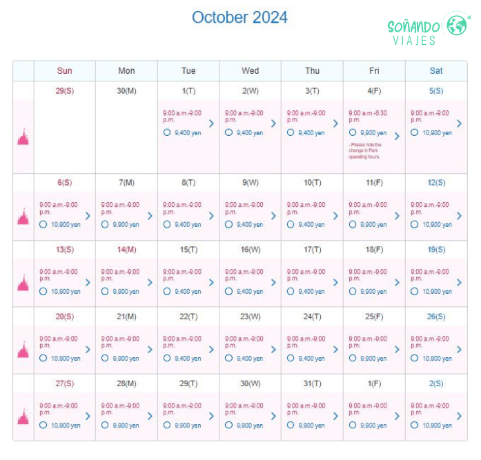 Calendario para visitar Tokyo Disneyland